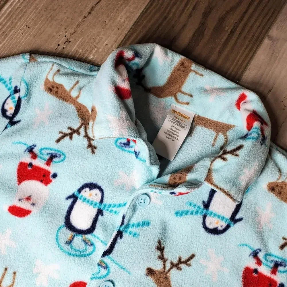 Gymboree Blue Winter Christmas Santa Penguin Reindeer Size 5/6 Fleece PJ Set
